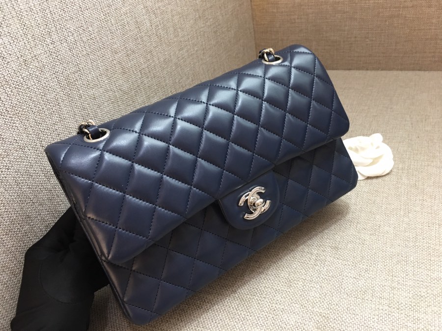 Medium Classic Flap Lambskin Bag AO1112 Dark Blue/Silver